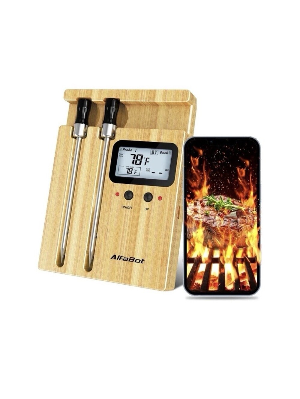 AlfaBot K1 Wireless Meat Thermometer Oven & Grill w/ Dual Probes BT APP Control
